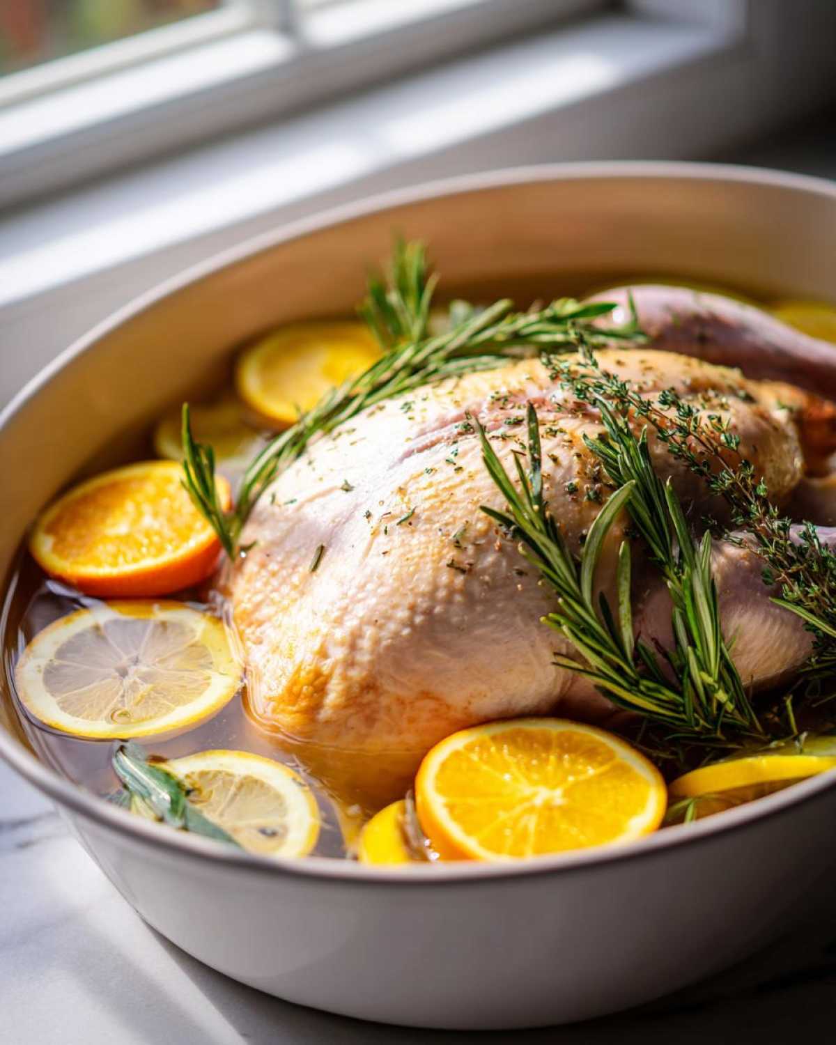 Raw turkey soaking in a liquid bath with lemon and orange slices for the perfect turkey brine.