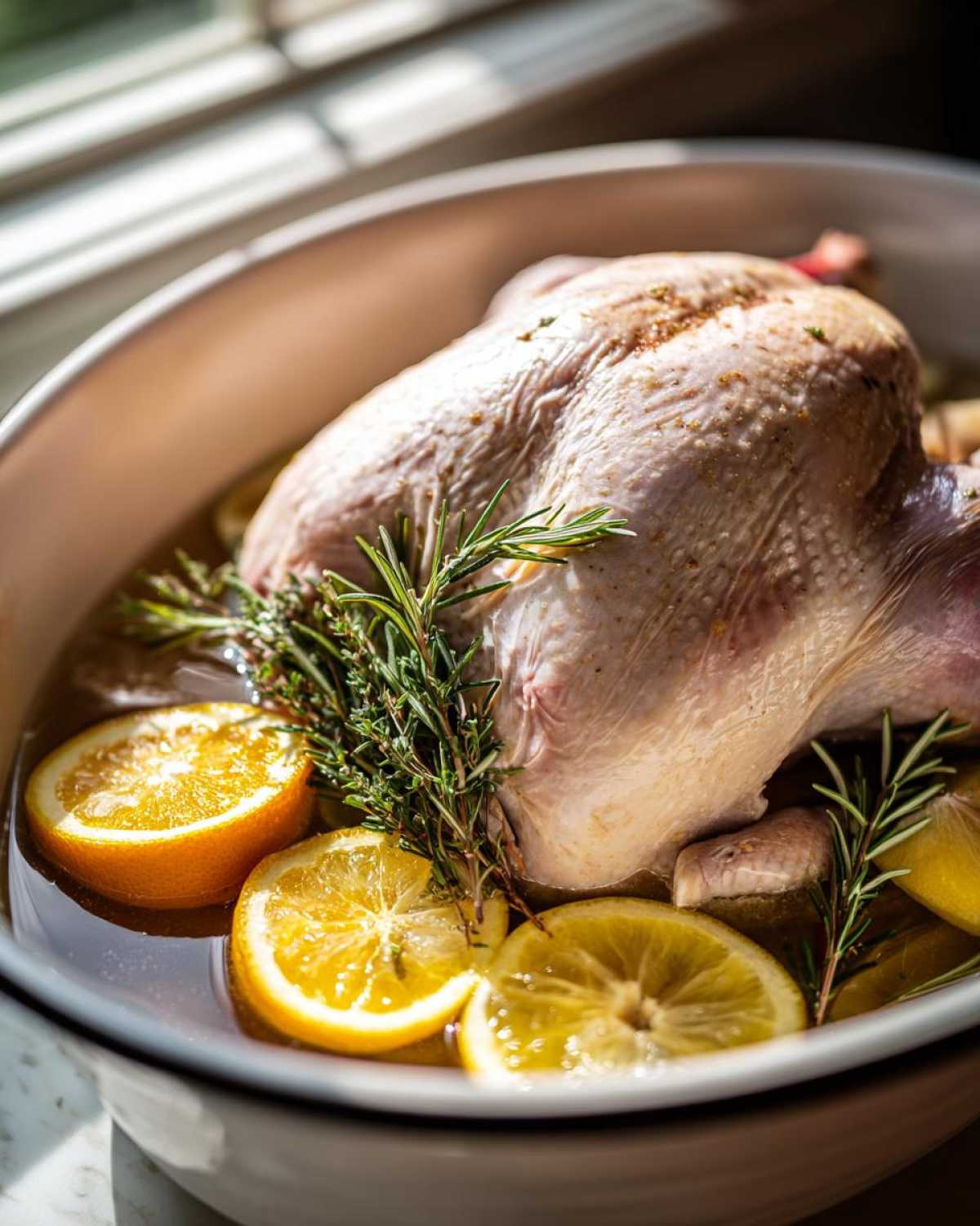 A raw turkey soaking in a light-colored pot, surrounded by lemon and orange slices and fresh rosemary for the turkey brine.