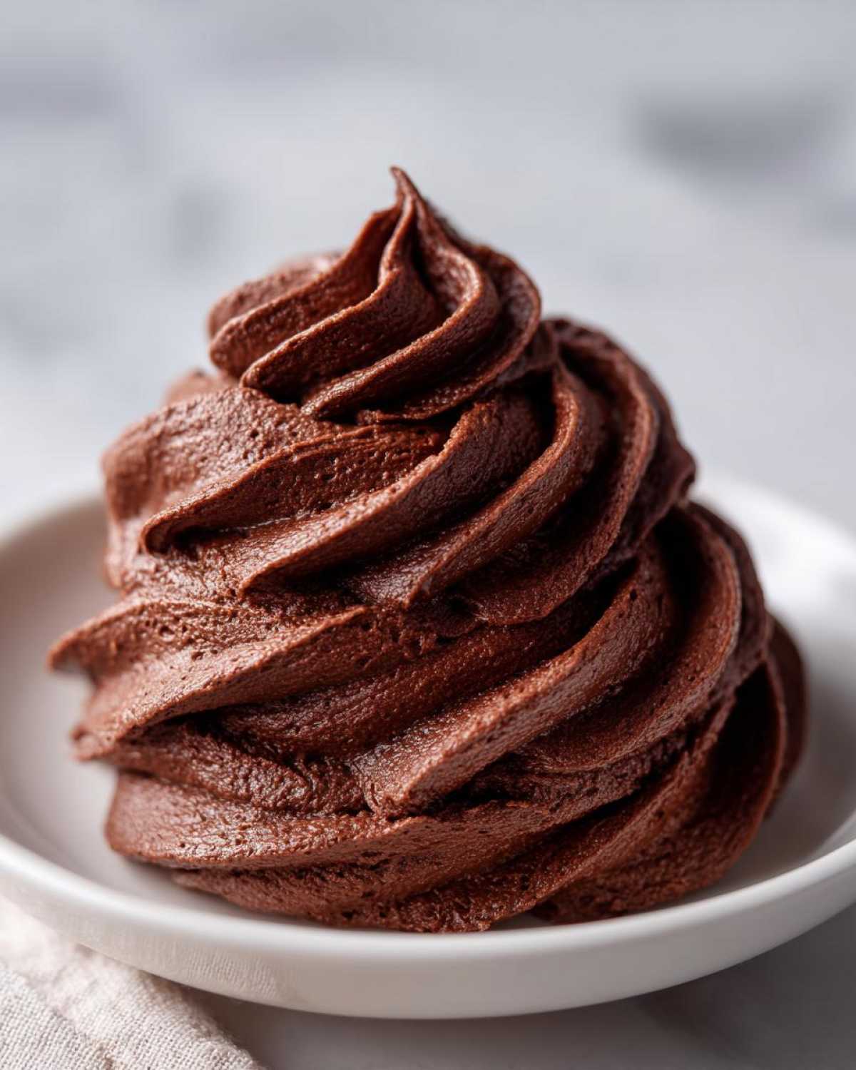 A perfectly piped swirl of rich, dark chocolate buttercream frosting in a small white bowl.