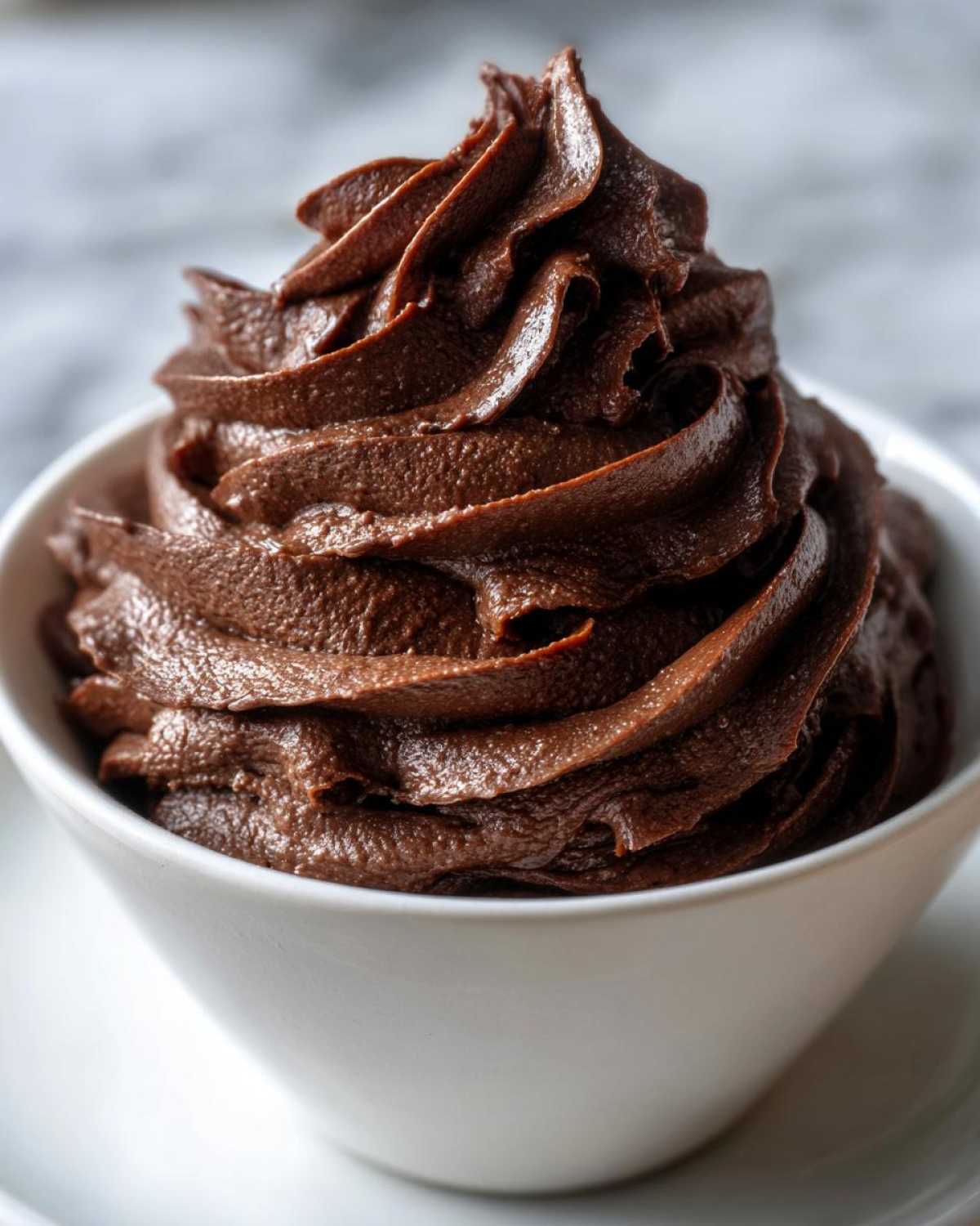 A close-up of rich, dark chocolate buttercream frosting swirled high in a small white bowl.