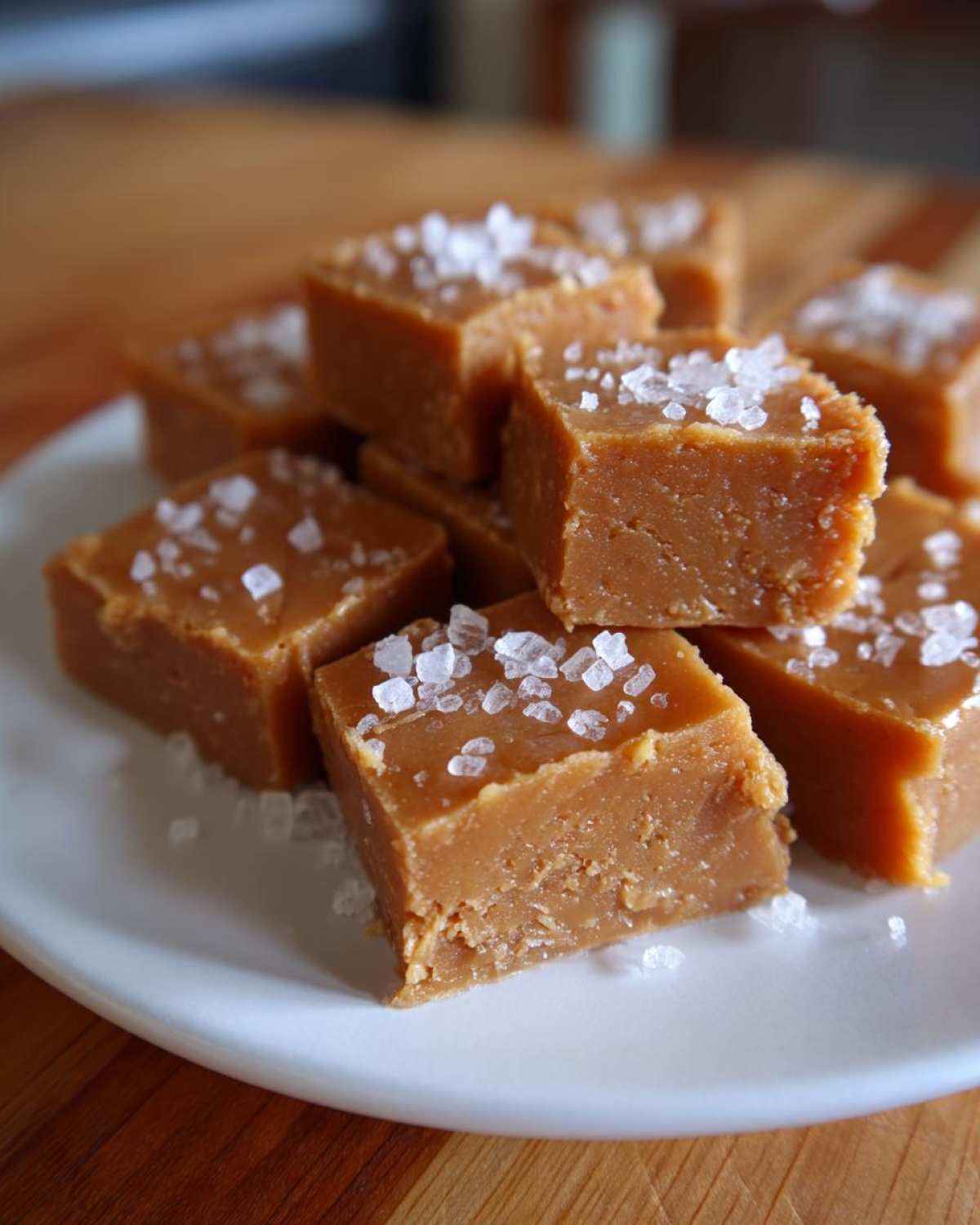 Close-up of several squares of rich, brown salted caramel fudge piled on a white plate, sprinkled with coarse sea salt.