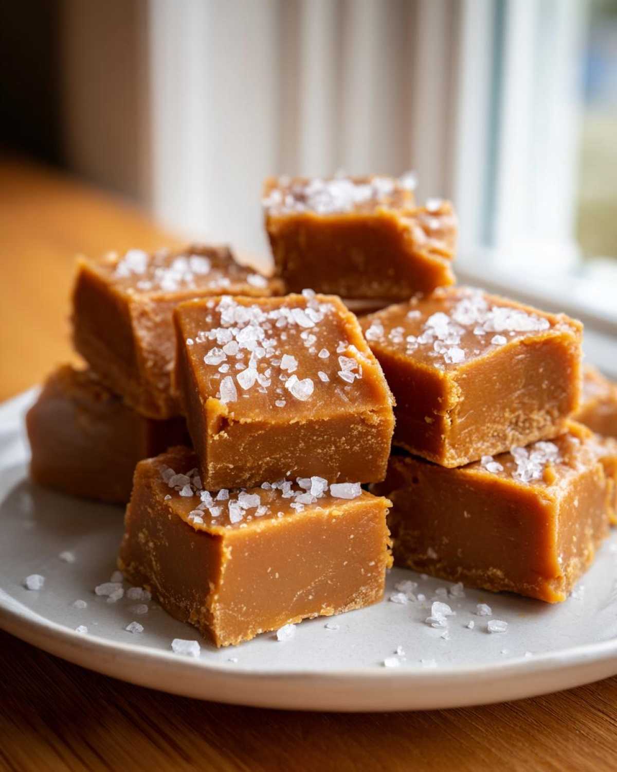 A stack of rich, brown squares of salted caramel fudge topped generously with flaky sea salt crystals.
