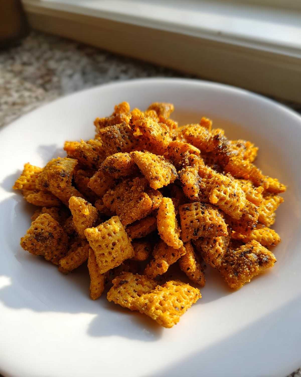 A white bowl filled with golden, seasoned pieces of Savory Garlic Butter Chex Mix Crunchy Snack.