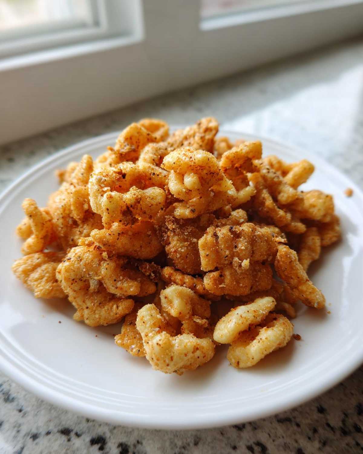 A mound of crunchy, seasoned Savory Garlic Butter Chex Mix Crunchy Snack piled high on a white plate.