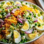 Close-up of a vibrant seven layer salad topped with sliced eggs, shredded cheddar, red onion, and peas.