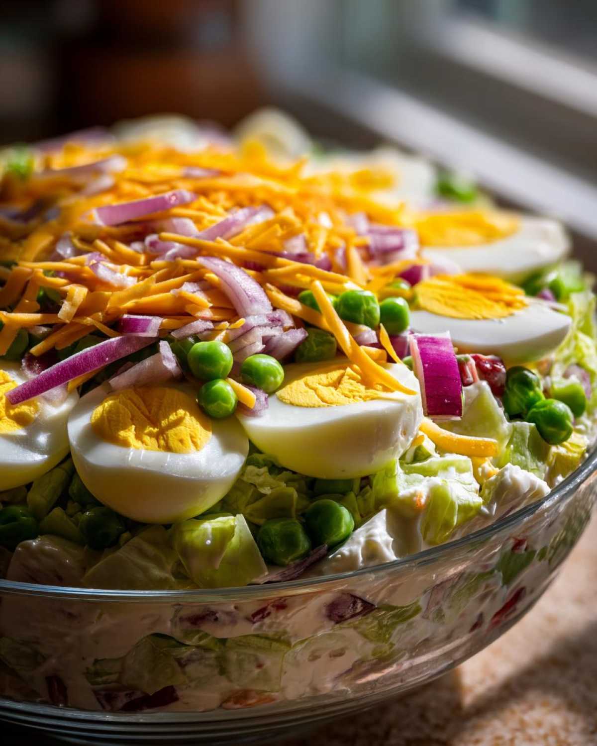 Close-up of a delicious seven layer salad topped with sliced hard-boiled eggs, shredded cheddar cheese, peas, and red onion.