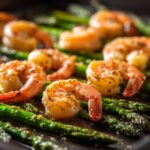 Close-up of juicy, seasoned shrimp cooked alongside bright green asparagus on a dark sheet pan.