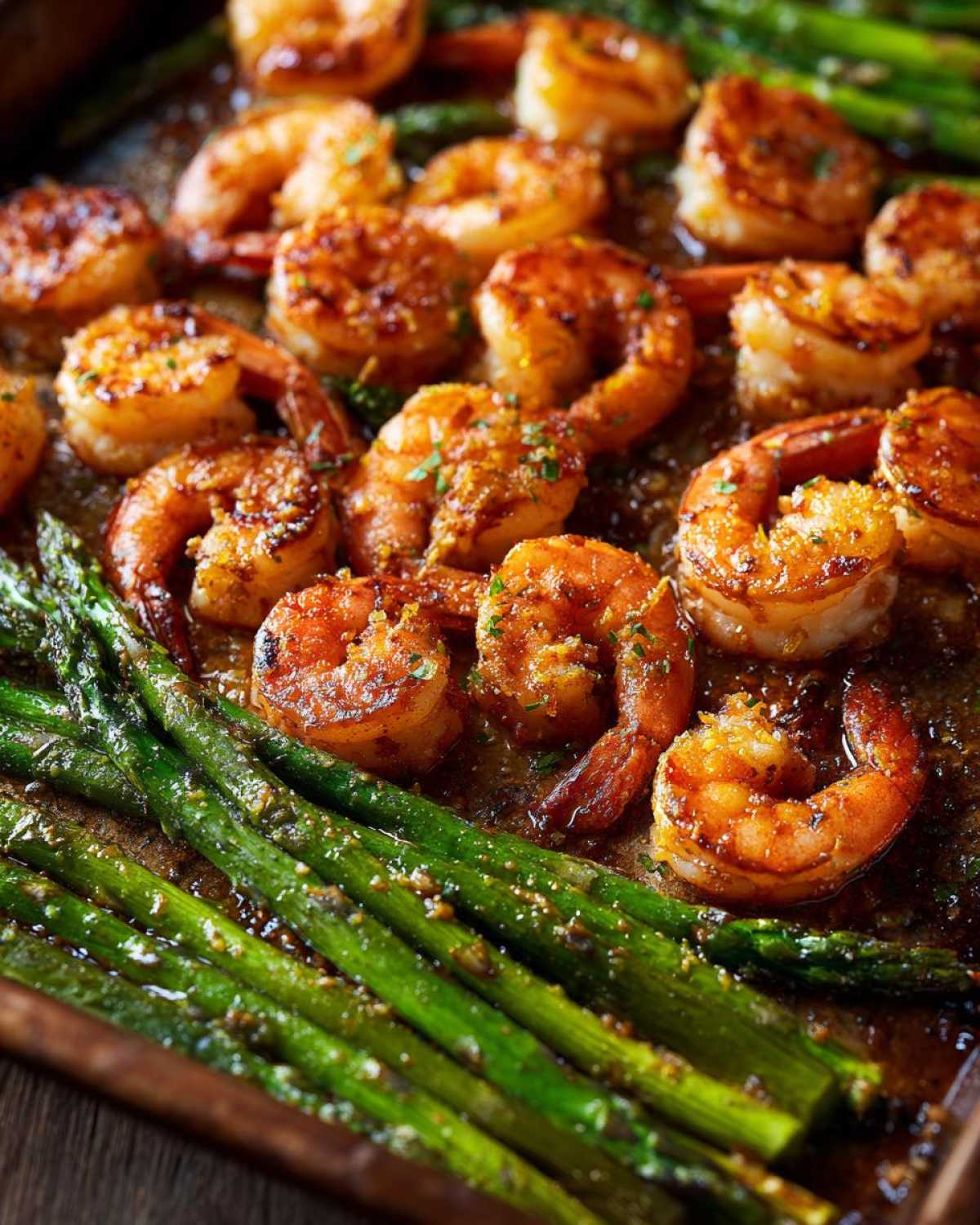 Close-up of Sheet Pan Crispy Garlic Butter Shrimp and Asparagus glistening with butter sauce.