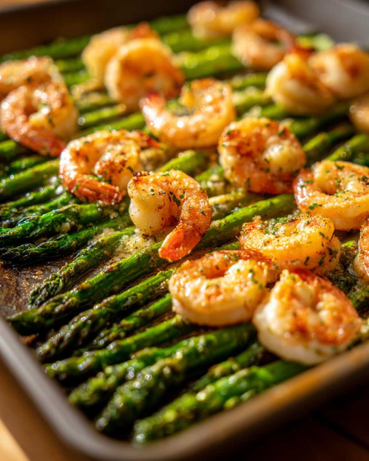 Close-up of Sheet Pan Crispy Garlic Butter Shrimp and Asparagus cooked on a dark baking sheet.