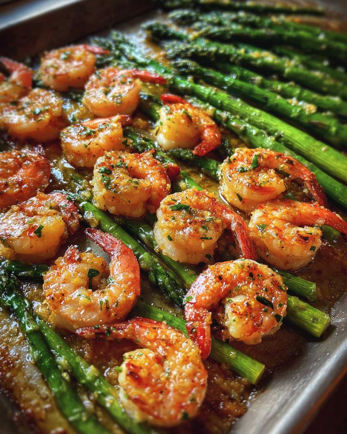 Close-up of Sheet Pan Crispy Garlic Butter Shrimp and Asparagus glistening with sauce on a baking sheet.
