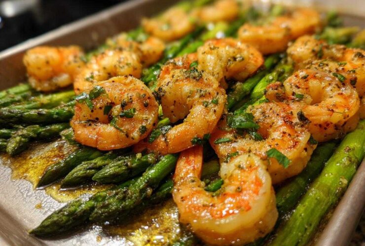 Close-up of juicy, seasoned shrimp and bright green asparagus on a sheet pan for Sheet Pan Crispy Garlic Butter Shrimp and Asparagus.