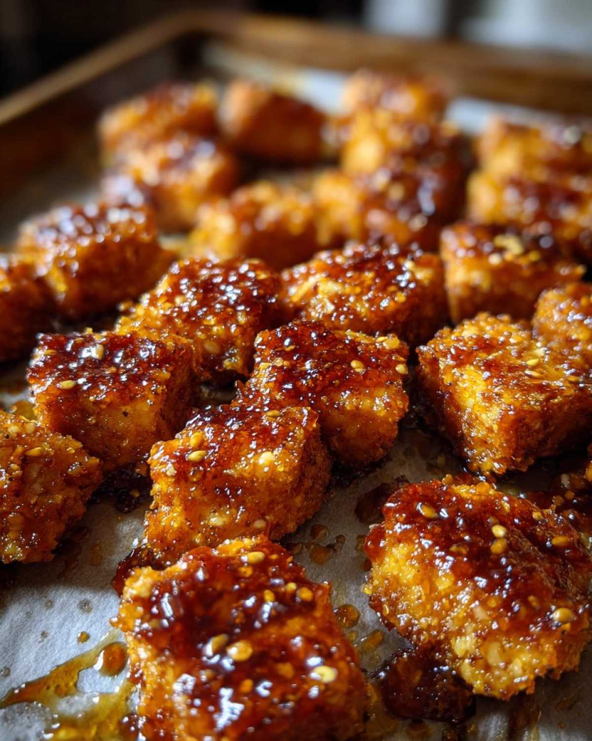 Close-up of crispy Sheet Pan Crispy Honey Garlic Tofu Nuggets coated in a shiny glaze and sprinkled with sesame seeds.