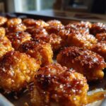 Close-up of crispy Sheet Pan Crispy Honey Garlic Tofu Nuggets glistening with a sticky, caramelized glaze on a metal baking sheet.