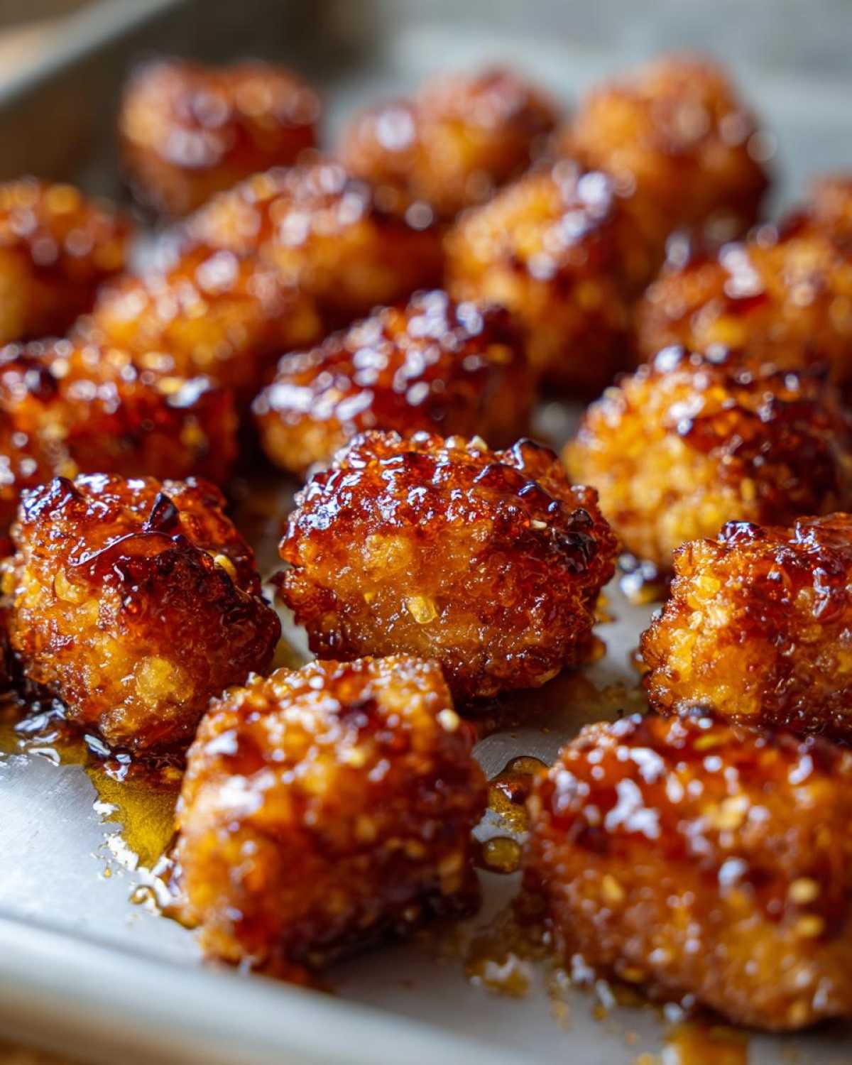 Close-up of freshly glazed Sheet Pan Crispy Honey Garlic Tofu Nuggets glistening on a baking sheet.
