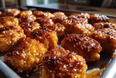 Close-up of crispy Sheet Pan Crispy Honey Garlic Tofu Nuggets glistening with a sticky, caramelized glaze on a metal baking sheet.