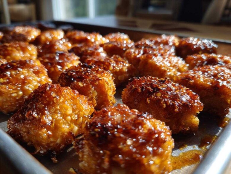 Close-up of crispy Sheet Pan Crispy Honey Garlic Tofu Nuggets glistening with a sticky, caramelized glaze on a metal baking sheet.