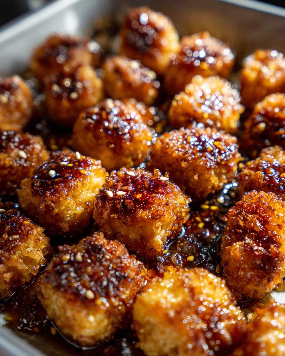Close-up of crispy Sheet Pan Crispy Honey Garlic Tofu Nuggets coated in a thick, glossy honey garlic glaze and sprinkled with sesame seeds.