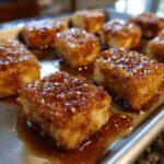 Close-up of crispy Sheet Pan Crispy Honey Garlic Tofu Nuggets coated in a thick, shiny glaze and sprinkled with sesame seeds.