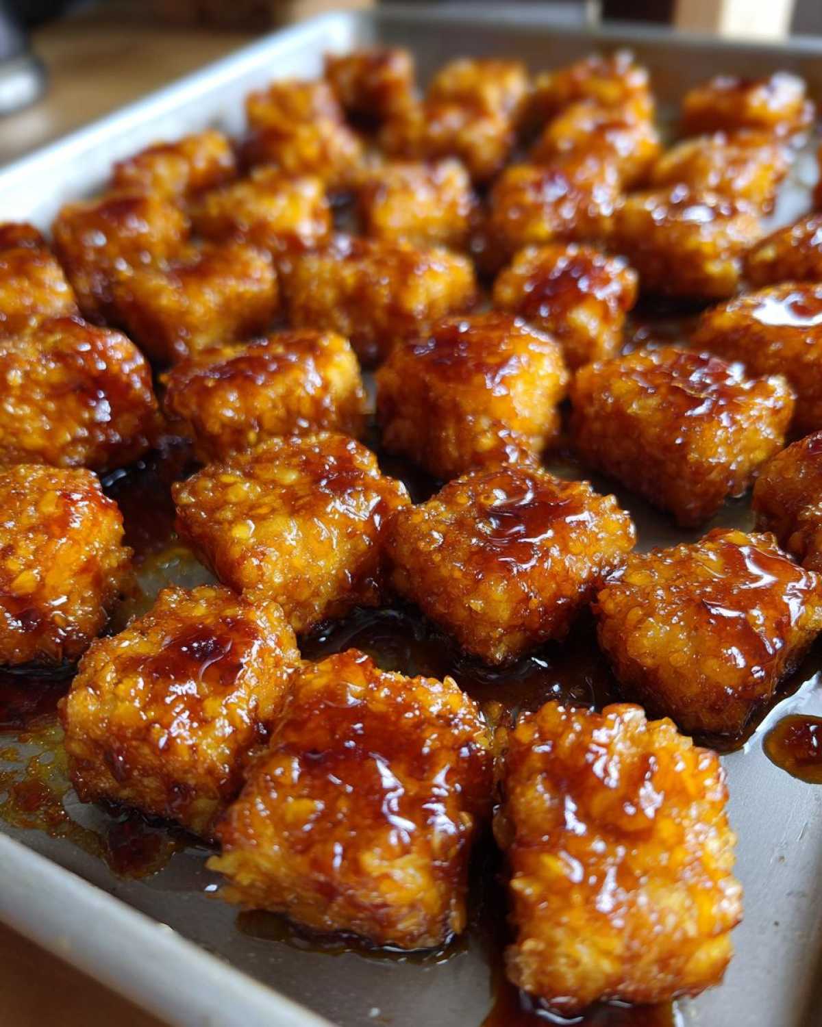 Close-up of crispy Sheet Pan Crispy Honey Garlic Tofu Nuggets glistening with a thick, dark honey garlic glaze on a baking sheet.