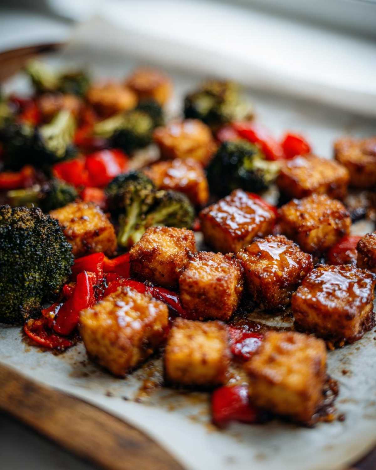 Close-up of crispy Sheet Pan Crispy Honey Mustard Tofu cubes glazed with sauce, mixed with roasted broccoli and red peppers.