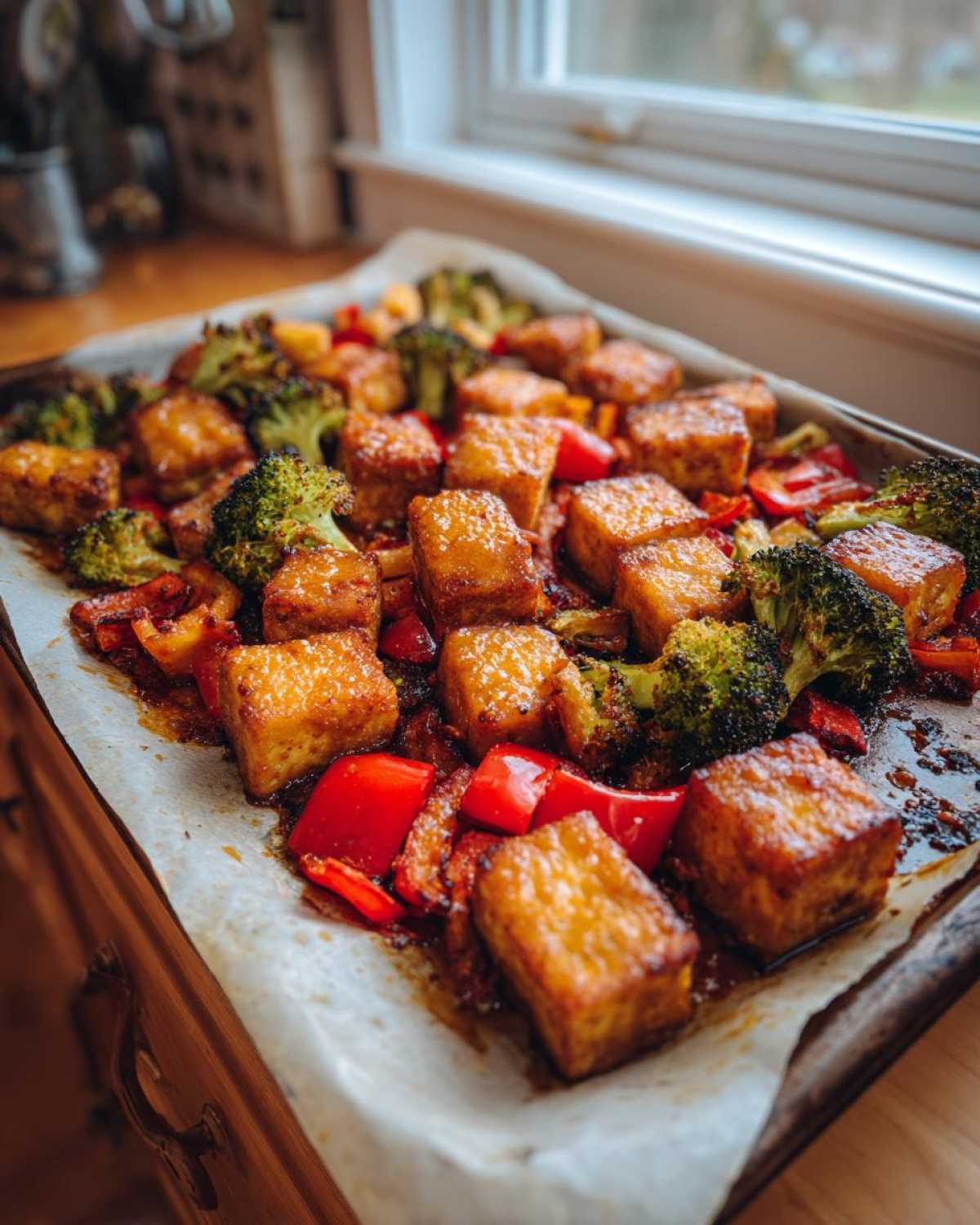 Close-up of Sheet Pan Crispy Honey Mustard Tofu cubes roasted with broccoli and red peppers on parchment paper.