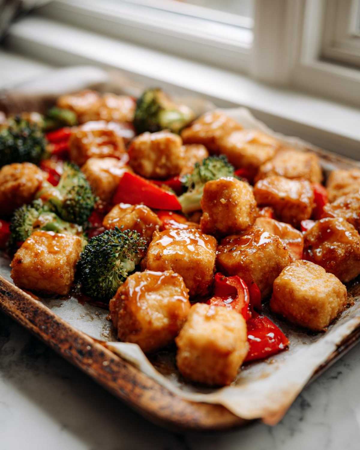 Crispy, glazed cubes of Sheet Pan Crispy Honey Mustard Tofu mixed with broccoli florets and red bell peppers on a baking sheet.