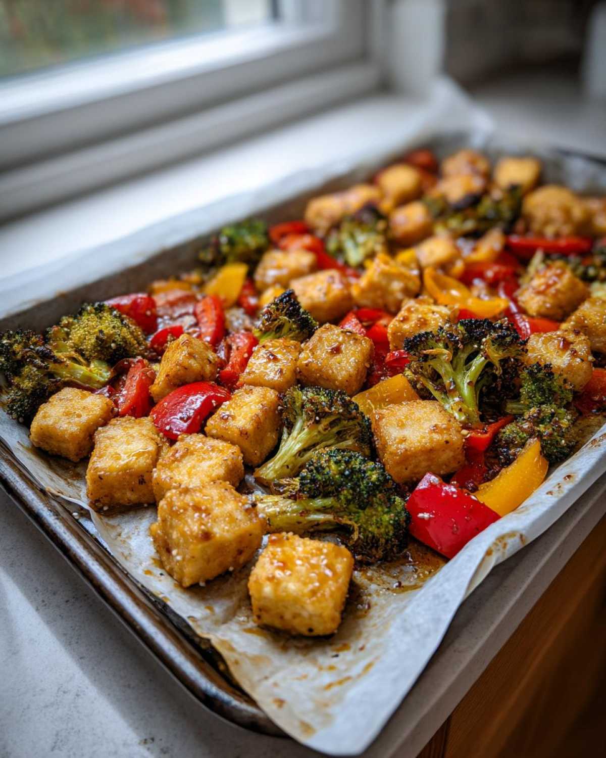 Crispy cubes of Sheet Pan Crispy Honey Mustard Tofu mixed with roasted broccoli and bell peppers on a baking sheet.