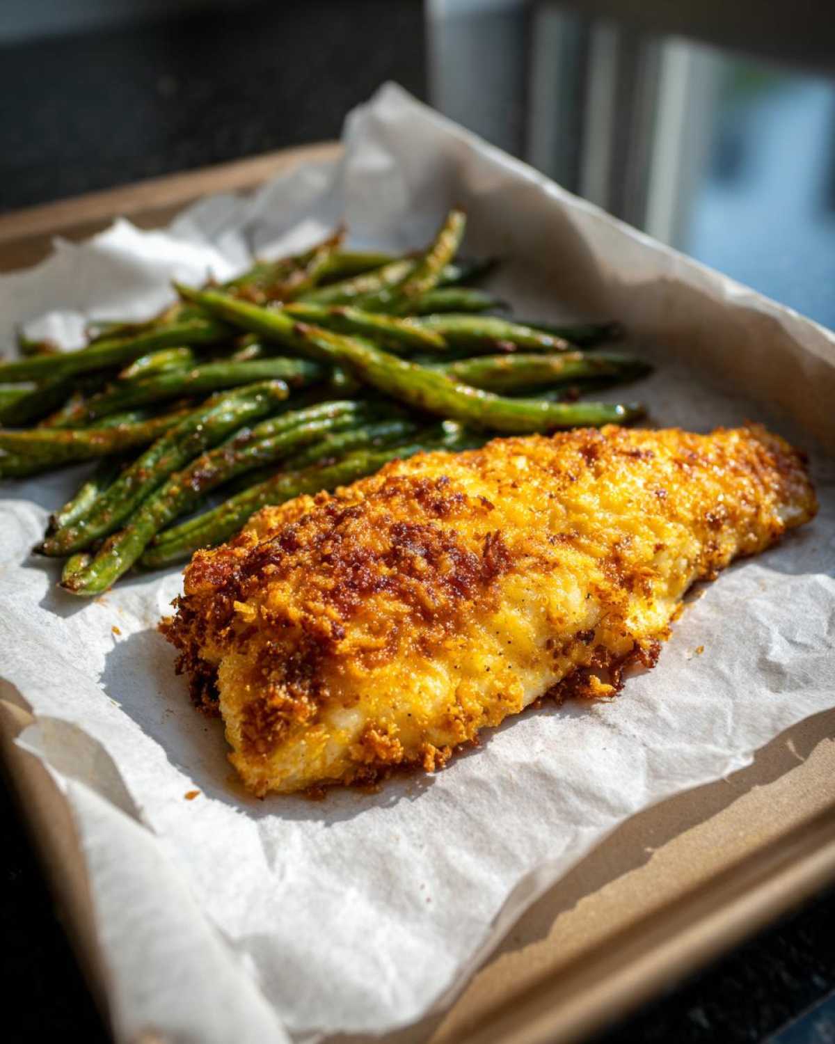 A close-up of a crispy Parmesan Tilapia fillet next to roasted green beans on parchment paper.