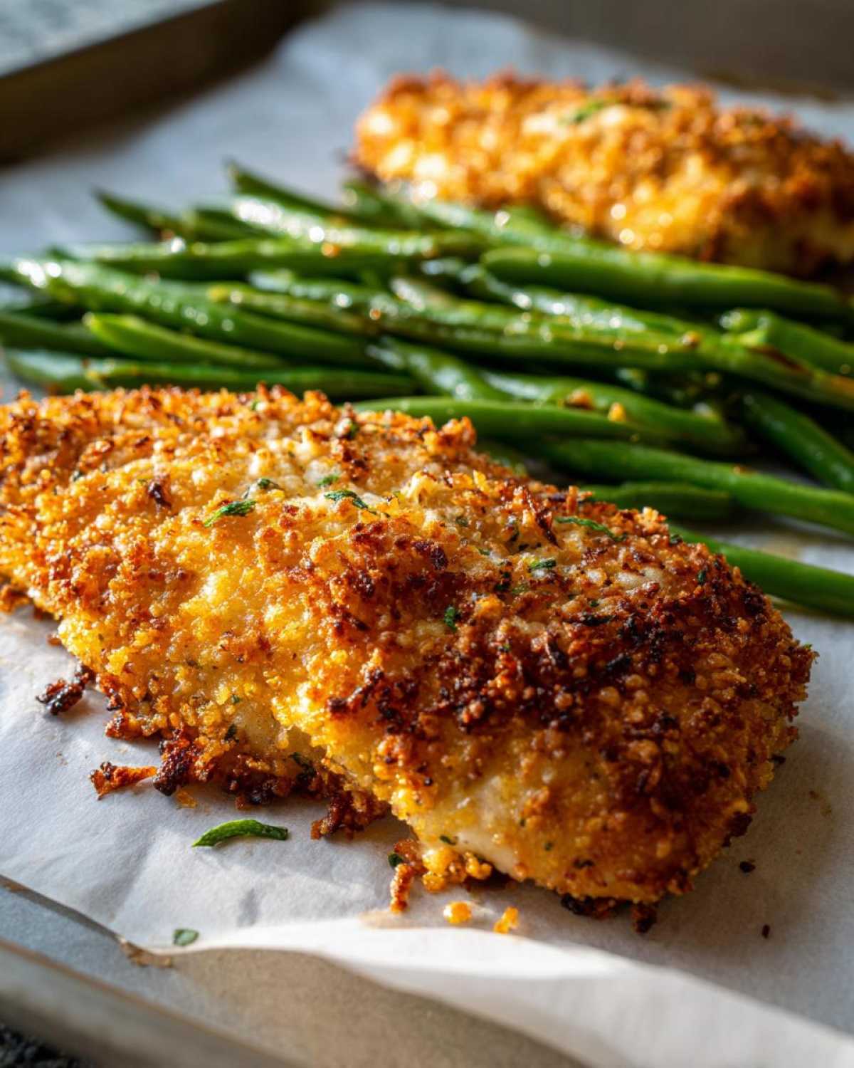 Close-up of crispy Sheet Pan Crispy Parmesan Tilapia next to bright green beans on parchment paper.