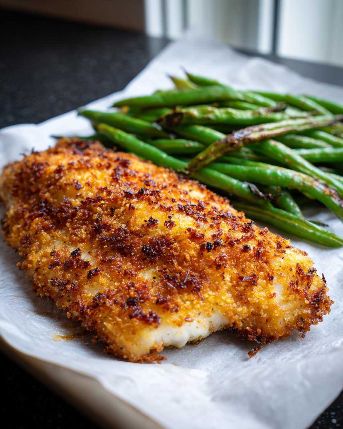 Close-up of Sheet Pan Crispy Parmesan Tilapia next to roasted green beans on parchment paper.