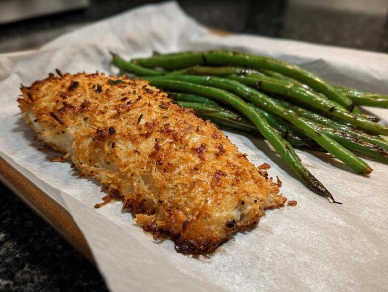 Close-up of Sheet Pan Crispy Parmesan Tilapia with Green Beans served on parchment paper.