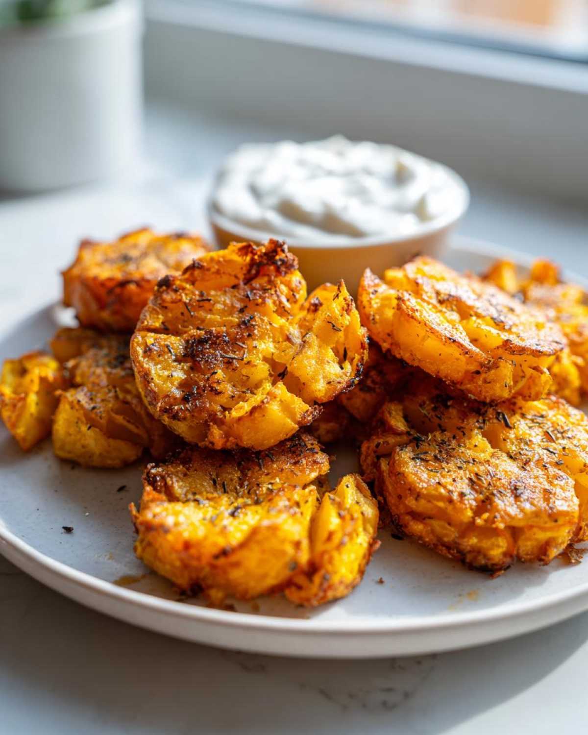 A plate of golden brown Sheet Pan Crispy Smashed Potatoes seasoned with herbs, served next to a small bowl of garlic aioli.