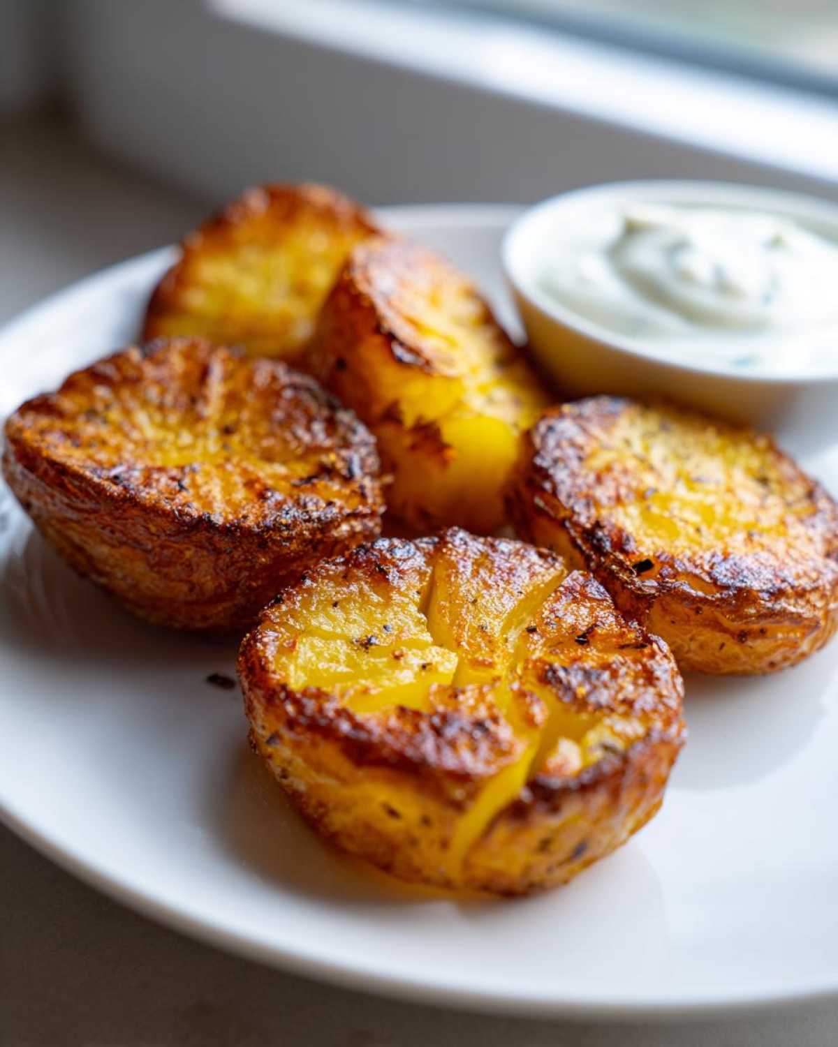 Close-up of crispy Sheet Pan Crispy Smashed Potatoes served on a white plate next to a small bowl of garlic aioli.