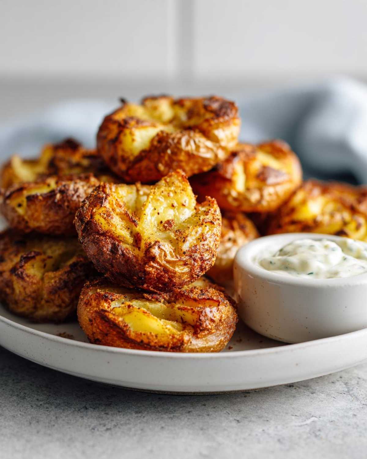A stack of golden brown Sheet Pan Crispy Smashed Potatoes served next to a small bowl of garlic aioli.
