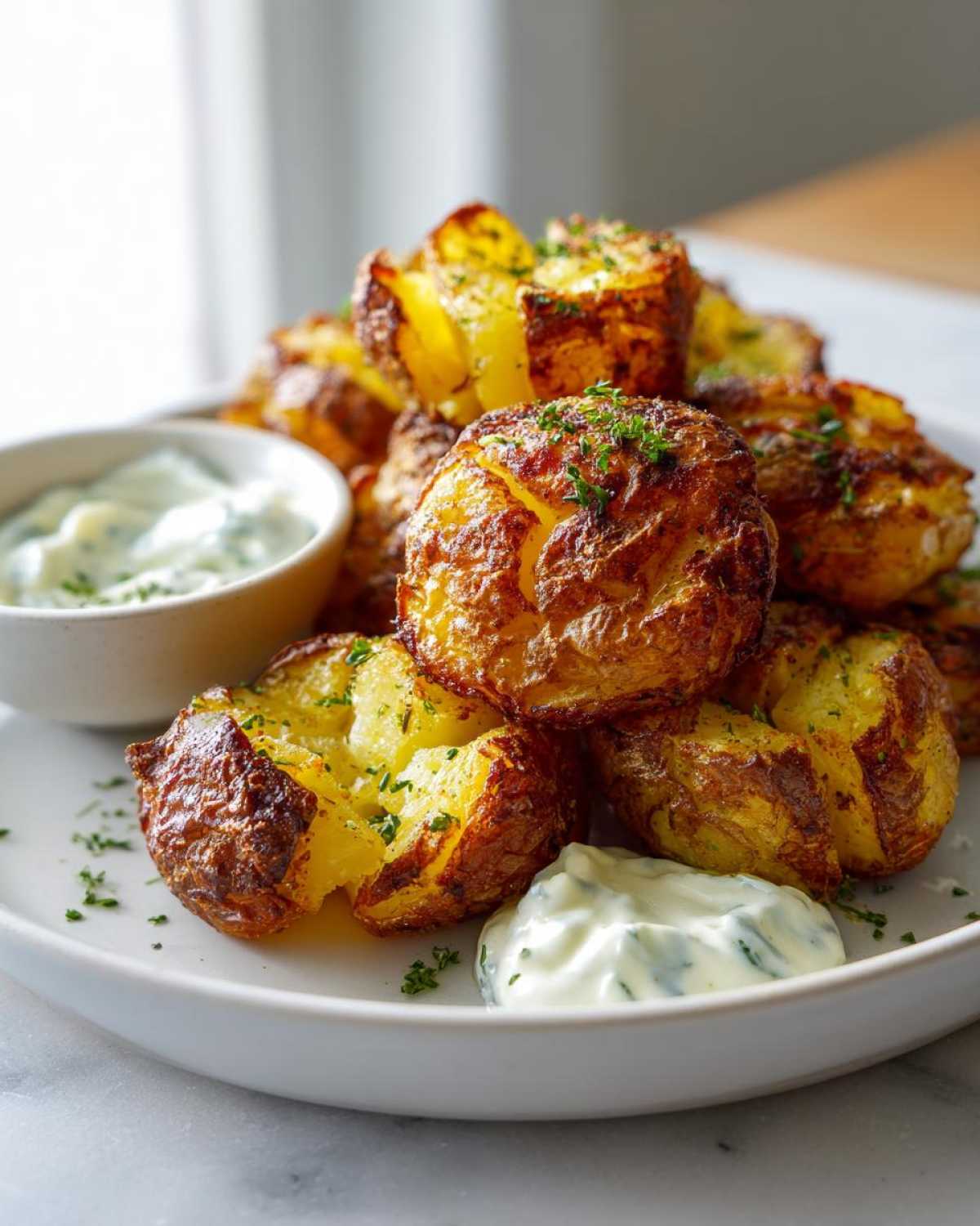 A pile of golden brown Sheet Pan Crispy Smashed Potatoes garnished with parsley, served with garlic aioli.