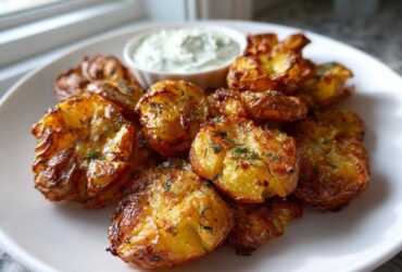 A plate of golden brown Sheet Pan Crispy Smashed Potatoes garnished with herbs, served with a small bowl of garlic aioli.