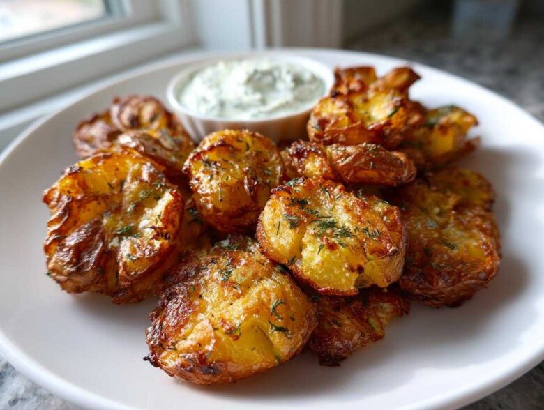 A plate of golden brown Sheet Pan Crispy Smashed Potatoes garnished with herbs, served with a small bowl of garlic aioli.