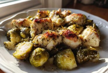 Close-up of Sheet Pan Garlic Butter Chicken and Brussels Sprouts served on a white plate.