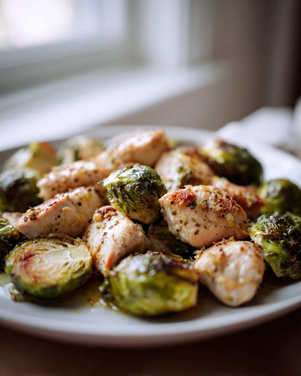 Close-up of juicy Sheet Pan Garlic Butter Chicken and Brussels Sprouts seasoned with herbs on a white plate.