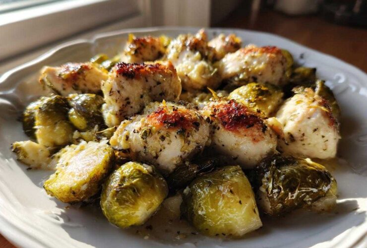 Close-up of Sheet Pan Garlic Butter Chicken and Brussels Sprouts served on a white plate.