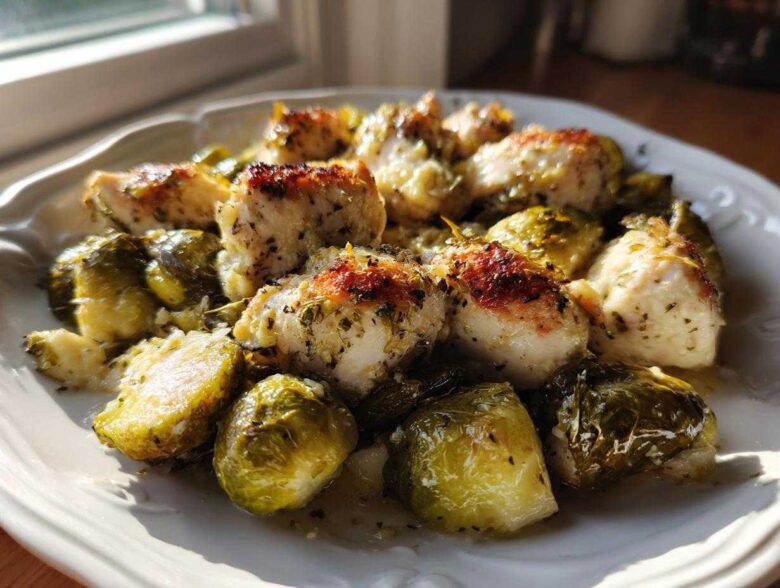 Close-up of Sheet Pan Garlic Butter Chicken and Brussels Sprouts served on a white plate.