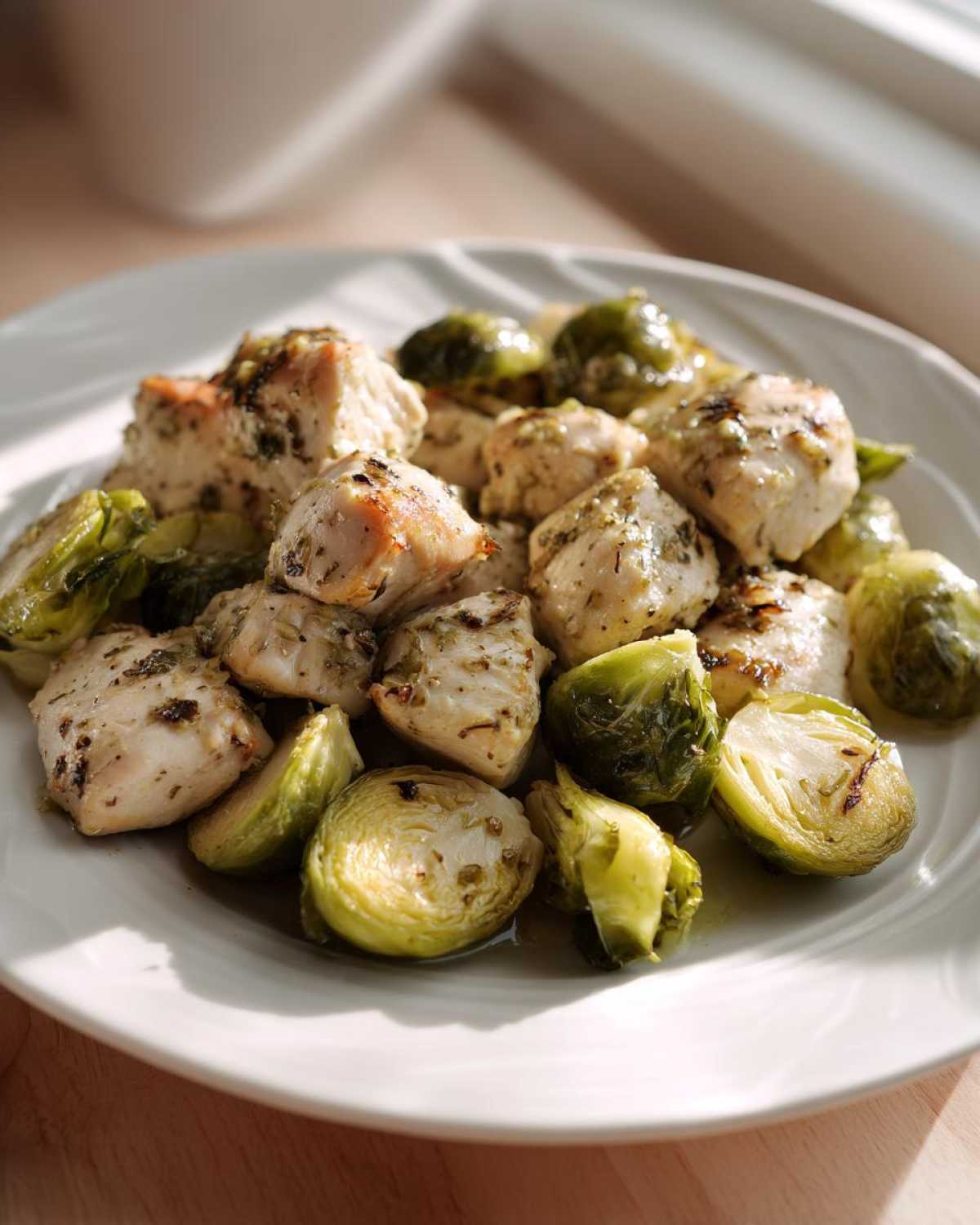 Close-up of cooked chicken pieces and roasted Brussels sprouts coated in garlic butter, served on a white plate.
