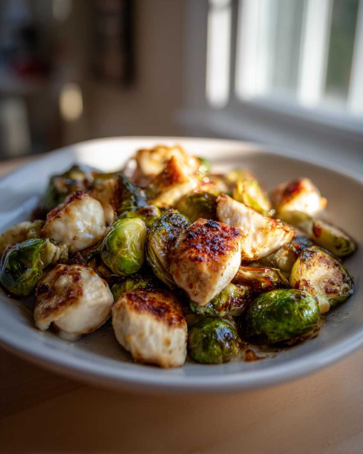 Close-up of seared chicken pieces mixed with roasted Brussels sprouts, part of the Sheet Pan Garlic Butter Chicken and Brussels Sprouts.