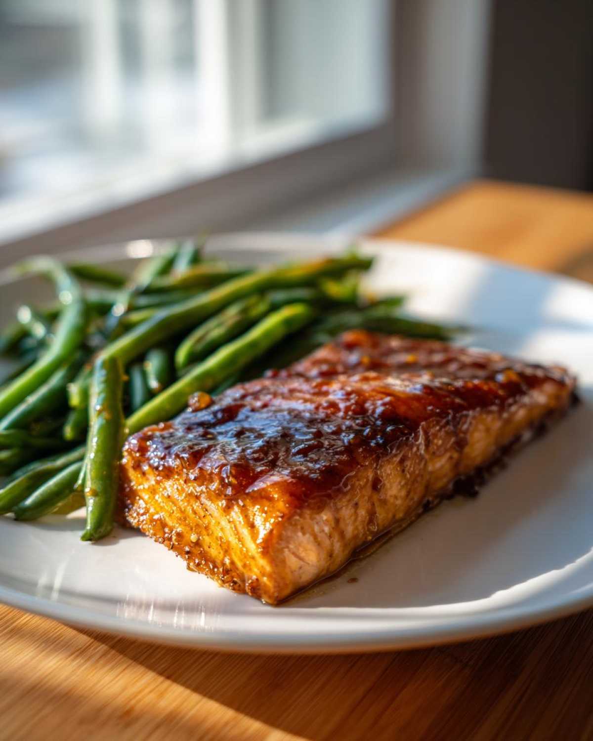 A perfectly cooked fillet of Sheet Pan Honey Mustard Salmon with a shiny glaze served next to bright green beans.