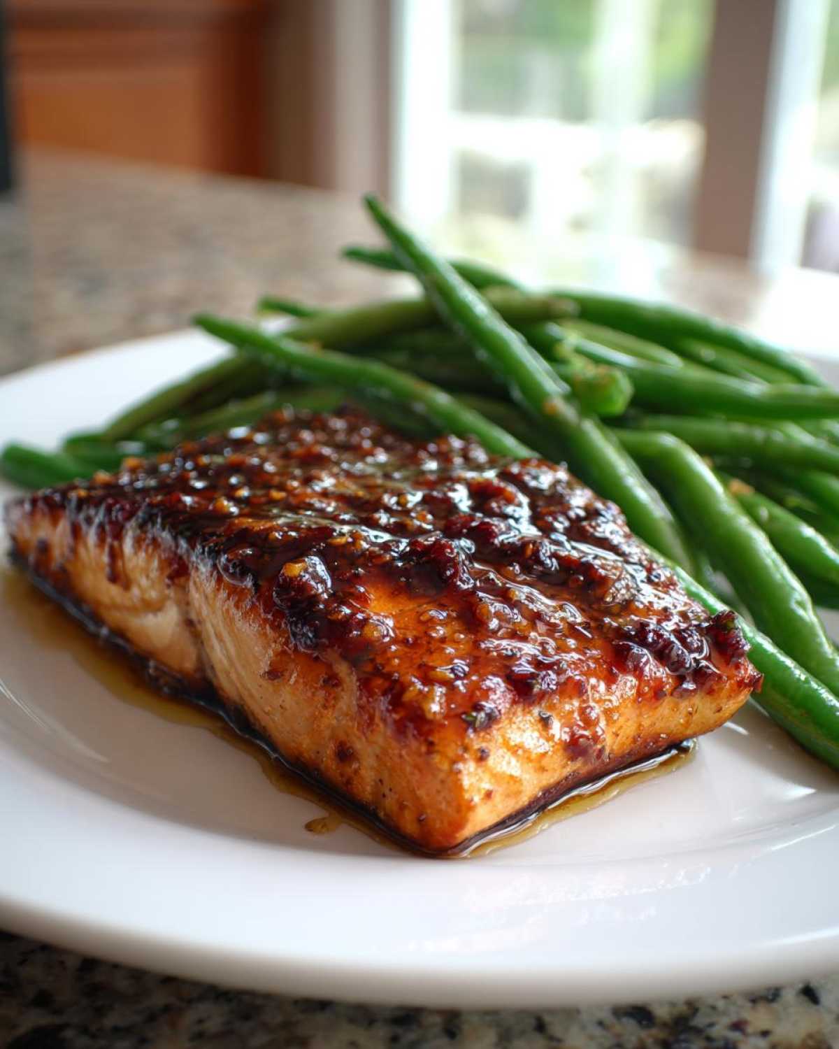 Close-up of a perfectly cooked fillet of Sheet Pan Honey Mustard Salmon topped with a thick, dark glaze, served next to bright green beans.