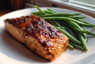 A perfectly cooked fillet of Sheet Pan Honey Mustard Salmon with a thick, glossy glaze next to bright green beans on a white plate.