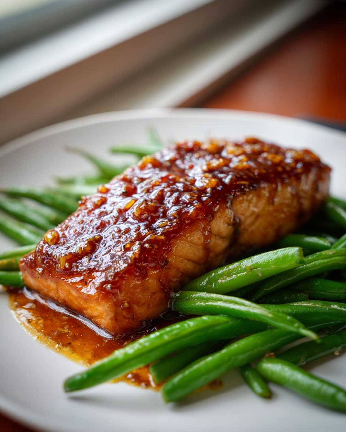 A close-up of a perfectly cooked salmon fillet topped with thick honey mustard glaze, resting on bright green beans.