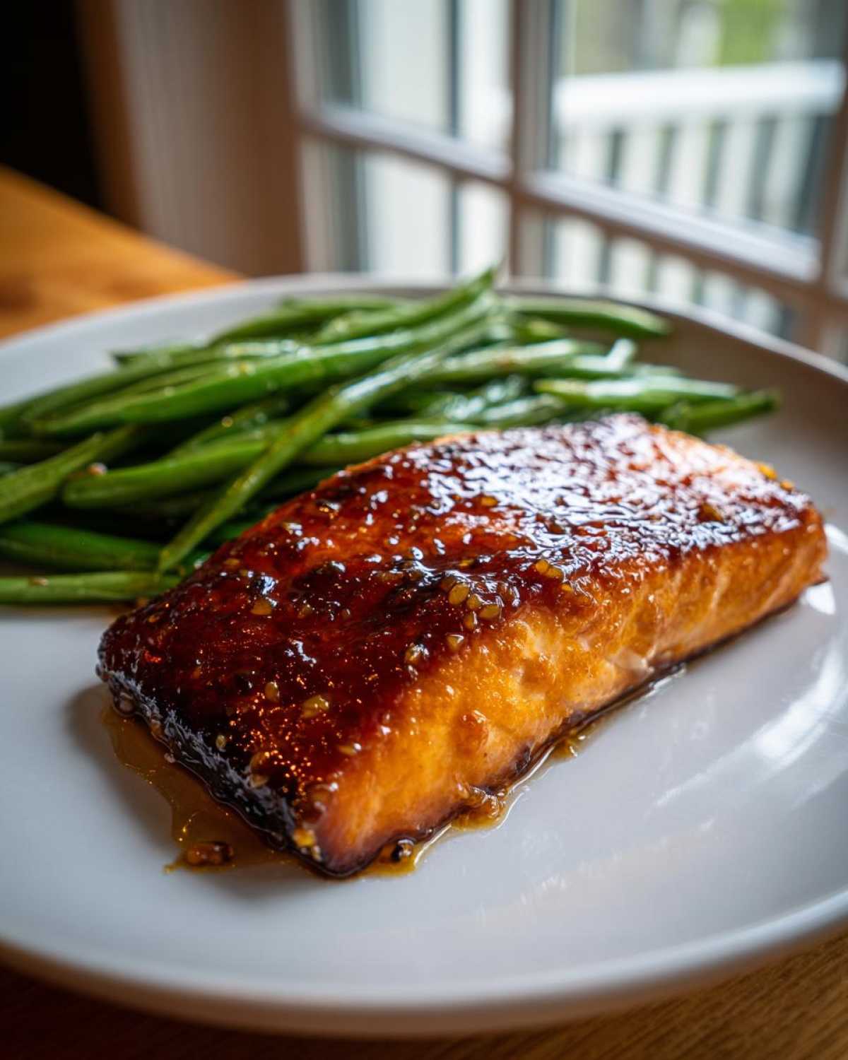 Close-up of a perfectly cooked salmon fillet with a shiny honey mustard glaze next to bright green beans.