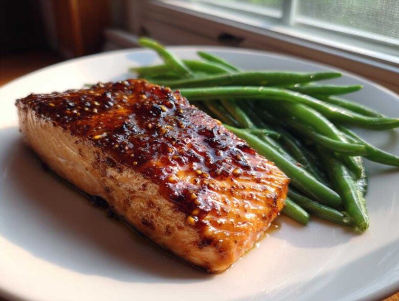 A perfectly cooked fillet of Sheet Pan Honey Mustard Salmon with a thick, glossy glaze next to bright green beans on a white plate.