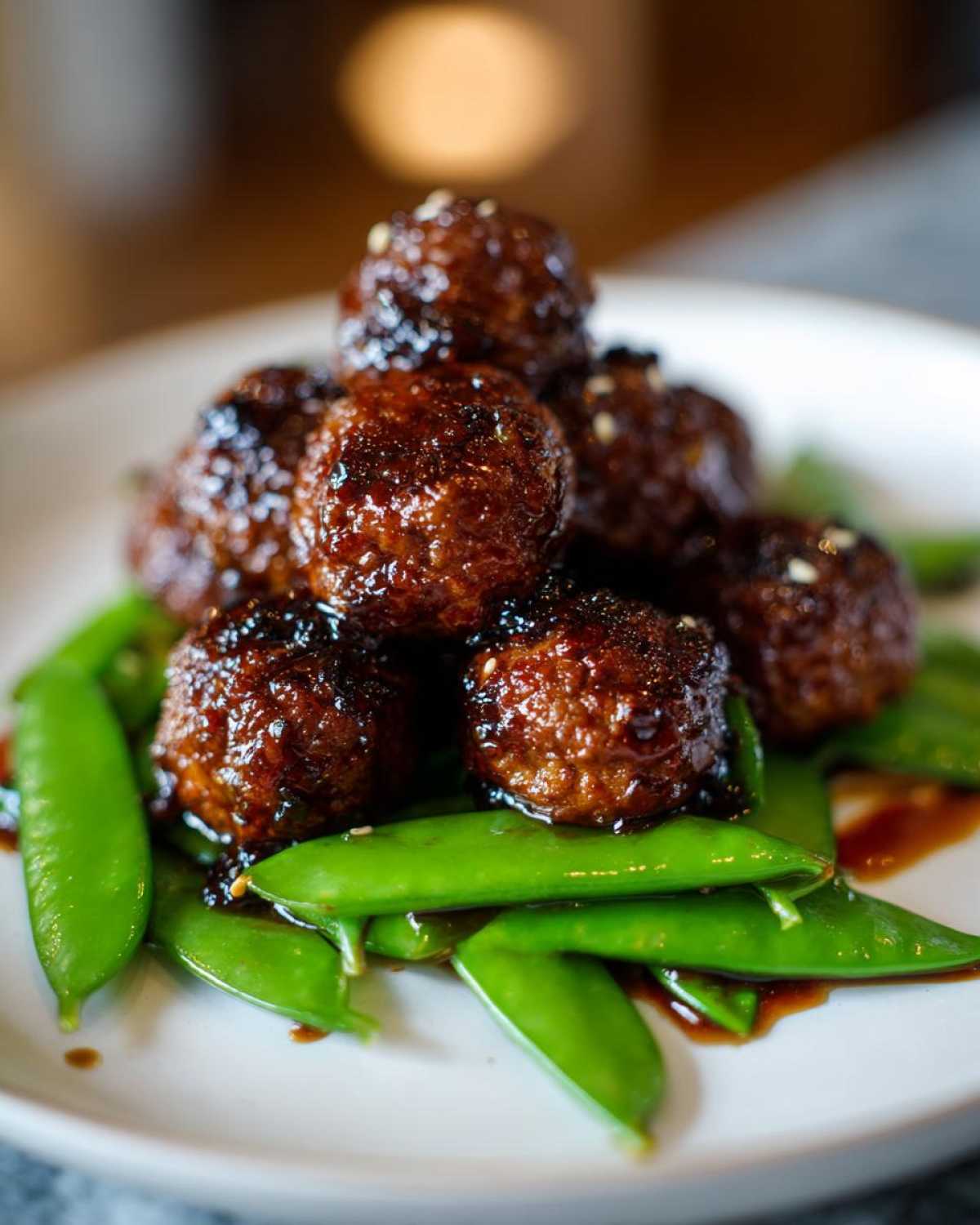 A stack of Sheet Pan Sticky Sesame Meatballs glazed with sauce, served over bright green snap peas on a white plate.